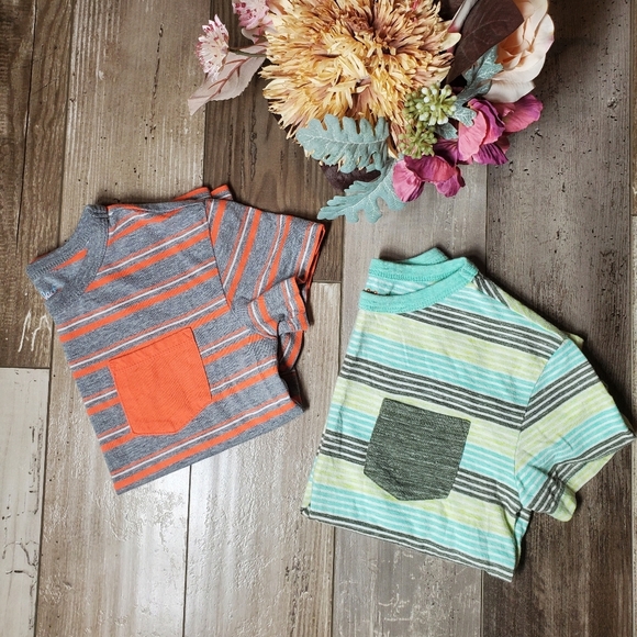 Cat & Jack 2 Pc Striped Short Sleeve Pocket T-Shirt Bundle Boys Size XS 4/5 EUC - Picture 1 of 13